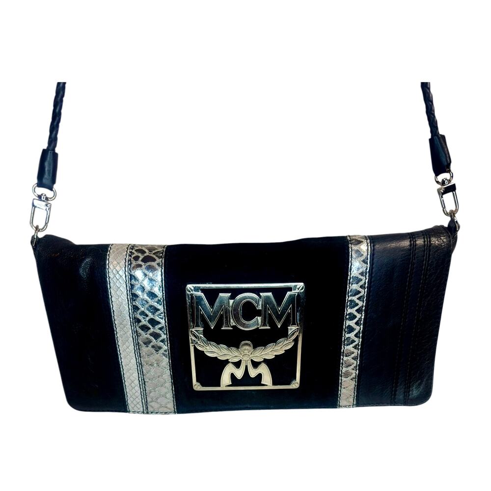 MCM Black Leather Suede Shoulder Bag ~ Large Silver Logo~ Snake Trim ~ Italy